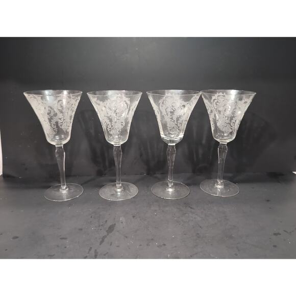 Morgantown Glass Water Goblets, Vtg Etched Chintz Clear Glass, Uranium Set of 4 - Picture 2 of 11